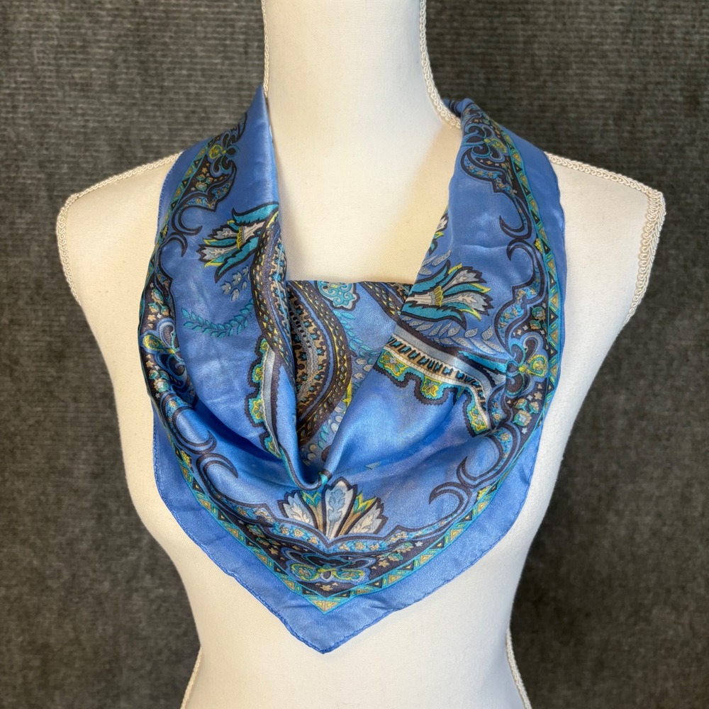 Hervé Benard Blue Paisley Satin Square Scarf 21" Neck Hair Head Scarf Vintage
